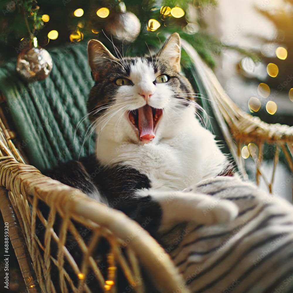 Wall mural cat yawning next to the Christmas tree