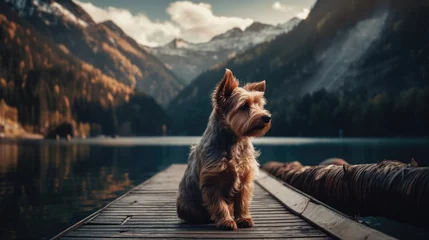Poster dog standing on the dock of a lake. Created with generative AI. © lchumpitaz