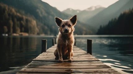 Foto op Plexiglas dog standing on the dock of a lake. Created with generative AI. © lchumpitaz