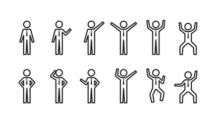 Pictogram of a human figure, set of various poses of a businessman wearing a tie, line width variable