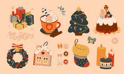 Set of Christmas hand-drawn elements in a cute cozy style. Perfect for scrapbooking, greeting cards, party invitations, stickers.