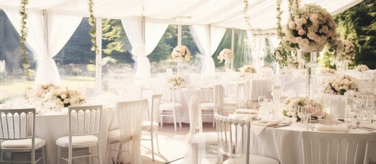 Summer wedding decor featuring floral centerpieces in white. - obrazy, fototapety, plakaty