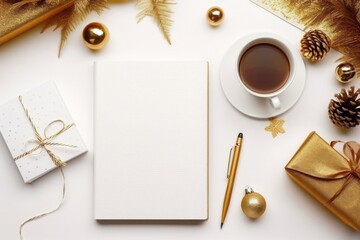Christmas home office desk with computer, notebook, gifts, coffee, Christmas gold decorations. Christmas planning background. Prepare to winter holidays. Flat lay, top view.	