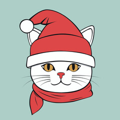 White cute cat wearing red hat and scarf for christmas
