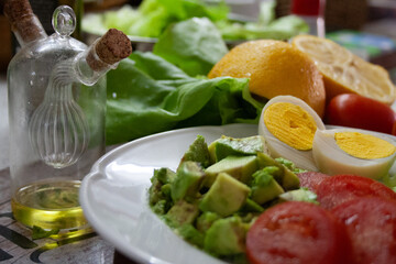 Fresh vegetables and healthy protein plate. Side photo
