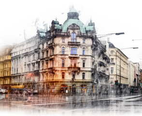 A building in the center of Prague, in the style of grunge images. 


