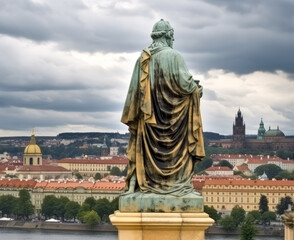 Obraz premium The city of Prague, Hungary with a gold statue on a cloudy day.