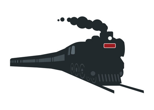 recommend clip art: Silhouette of steam locomotive hauling passenger train. Simple illustration in perspective view.