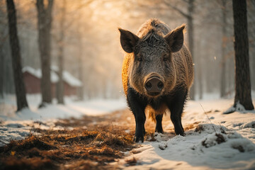 Wild boar in winter scenery ( Sus scrofa ) - obrazy, fototapety, plakaty