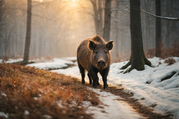 Wild boar in winter scenery ( Sus scrofa ) - obrazy, fototapety, plakaty