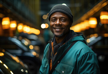 Portrait of black man wearing green jacket in city environment