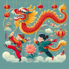 2024 Chinese New Year, year of the Dragon template design with boy and girl performing dragon dance created with generative ai - obrazy, fototapety, plakaty