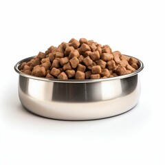 Dry Dog Food in Stainless Steel Bowl Isolated on White Background. Generative ai