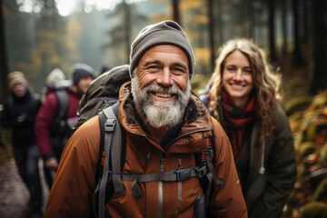 Fototapeta premium Group of people walking alone in deep forest