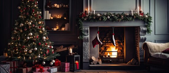 Festively decorated apartment with a fireplace, Christmas tree, and gifts.