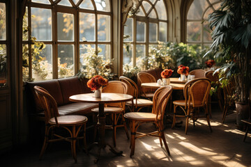 Fototapeta premium City small restaurant with lots of green decoration