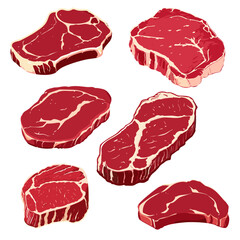 Set of fresh meat. Different parts of animal meat beef and pork. Steaks vector illustration.