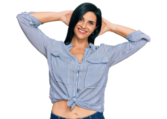 Young caucasian woman wearing casual clothes relaxing and stretching, arms and hands behind head and neck smiling happy