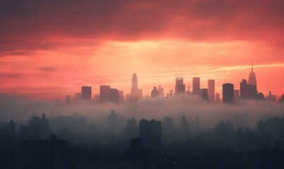 Fototapeta premium Amazing panorama view of New York city skyline and skyscraper at sunset. Beautiful night view in Midtown Manhatton. wallpaper, banner, foggy