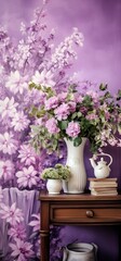Fototapeta na wymiar Purple, violet, lilac flower composition design interior, arrangement with dew in slight color variations ranging from blue to purple. Shallow depth of field soft dreamy feel background, wallpaper