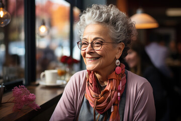 Elderly woman with glasses enjoying in restaurant