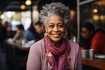 Afro older woman in pink jacket smiling