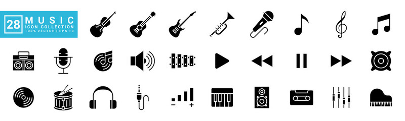 Collection of music icons, musical instruments, notes, rhythms, vector template editable and resizable EPS 10. - obrazy, fototapety, plakaty