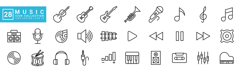 Collection of music icons, musical instruments, notes, rhythms, vector template editable and resizable EPS 10.