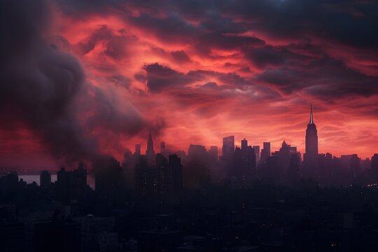 Amazing panorama view of New York city skyline and skyscraper at sunset. Beautiful night view in Midtown Manhatton. wallpaper, banner, foggy