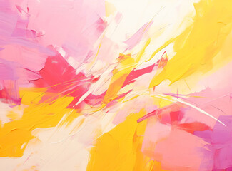 A colorful abstract background with stripes, impressionist lightness, light yellow and magenta, diagonals, delicate brushwork, high speed, white background.