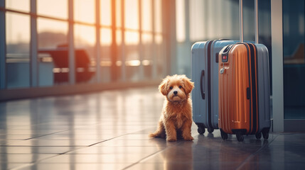 Cute little dog at the airport taking care of the luggage and waiting for his master. Funny puppy sitting near suitcases, guarding the luggage and waiting for the return of the owner. Copy space.