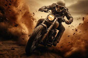 Biker riding a motorcycle on a dirty and muddy street.