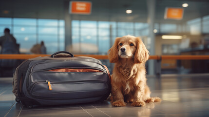 Cute friendly dog guarding the bag at the airport, anticipating the return of his master. Funny, fluffy pet watching over the luggage and patiently waiting for the owner. Traveling with pets.
