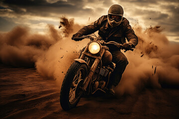 Biker riding a motorcycle on a dirty and muddy street.