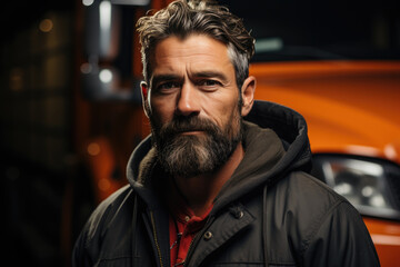 Obraz premium Closeup of white man in front of his truck