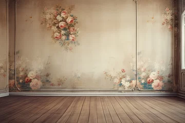 Zelfklevend Fotobehang Empty, vintage interior with luxury floral wallpaper. © Simon