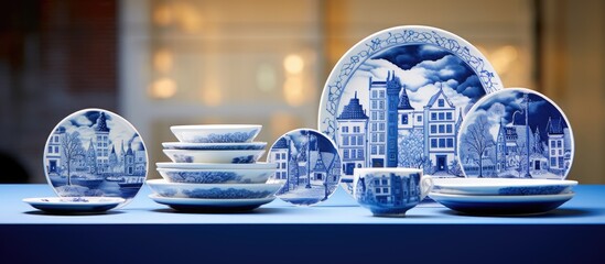 Showcase Delft blue items, like plates and tiny houses - obrazy, fototapety, plakaty