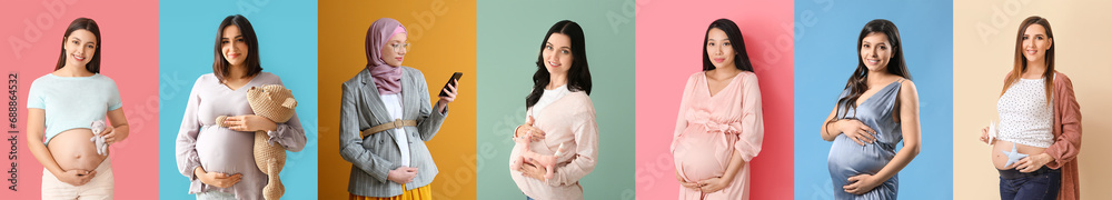 Sticker set of many pregnant women on color background