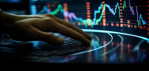 A close-up of a hand using a computer mouse to navigate stock market data on a curved screen. - obrazy, fototapety, plakaty
