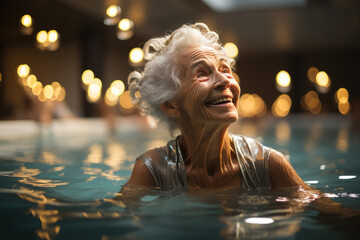 White granny swiming in the pool