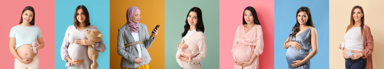 Set of many pregnant women on color background
