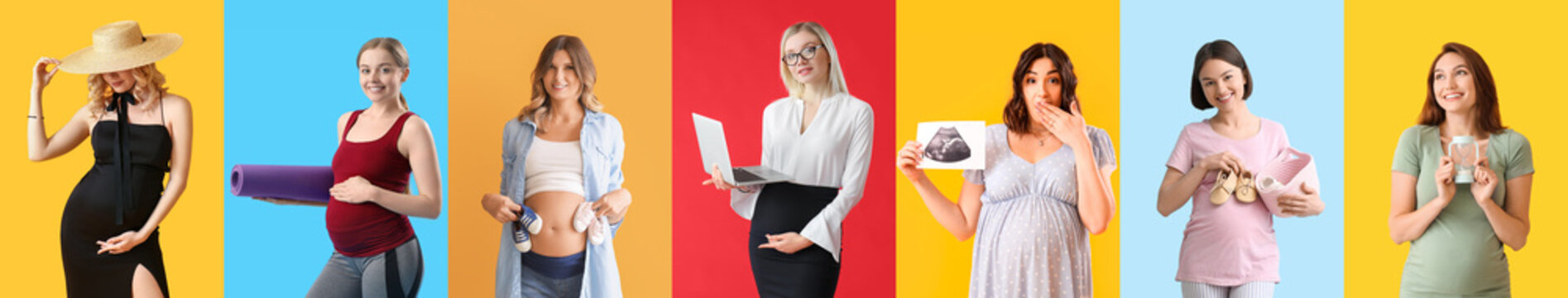 Set of many different pregnant women on color background