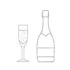 A bottle and glass of Shapansky. Outline drawing. Hand drawn vector illustration. Design element. For coloring, menu, cards, printing, packaging, invitations, business cards, advertising