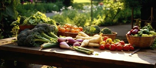 Organic produce displayed on garden table. - obrazy, fototapety, plakaty
