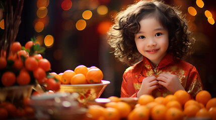 Fototapeta na wymiar Traditional attire and a sea of oranges frame a child's joy during festive Lunar New Year celebrations