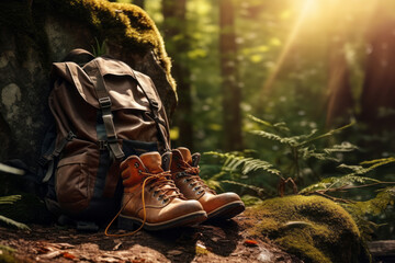 Backpack and leather ankle boots in forest on sunny summer day. Hiking equipment. - obrazy, fototapety, plakaty