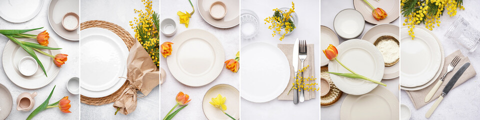 Collage of beautiful table setting with fresh spring flowers on light background