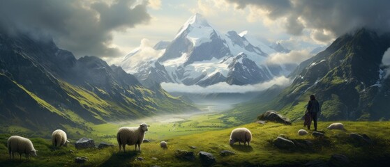 A Serene Shepherd Tending to Grazing Sheep. Majestic Mountain Pastures - obrazy, fototapety, plakaty