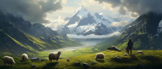 Keuken spatwand met foto A Serene Shepherd Tending to Grazing Sheep. Majestic Mountain Pastures © David