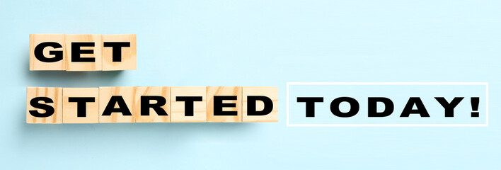 Banner with wooden cubes and text GET STARTED TODAY on light blue background